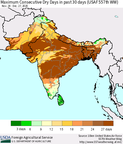 Southern Asia Maximum Consecutive Dry Days in past 30 days (USAF 557th WW) 12/27/2020 Thematic Map For 12/21/2020 - 12/27/2020
