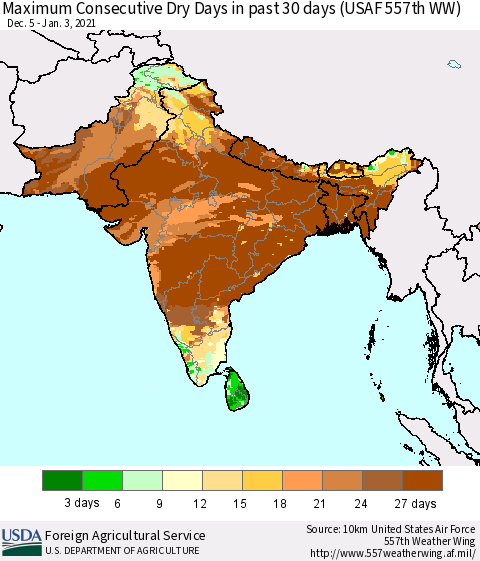 Southern Asia Maximum Consecutive Dry Days in past 30 days (USAF 557th WW) 01/03/2021 Thematic Map For 12/28/2020 - 1/3/2021