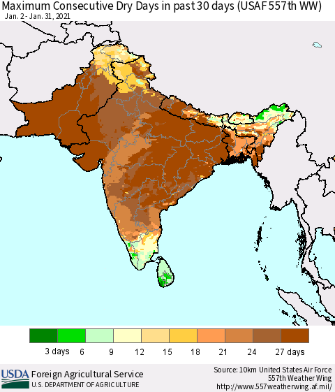 Southern Asia Maximum Consecutive Dry Days in past 30 days (USAF 557th WW) 01/31/2021 Thematic Map For 1/25/2021 - 1/31/2021
