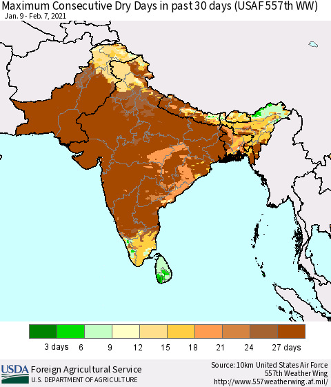 Southern Asia Maximum Consecutive Dry Days in past 30 days (USAF 557th WW) 02/07/2021 Thematic Map For 2/1/2021 - 2/7/2021