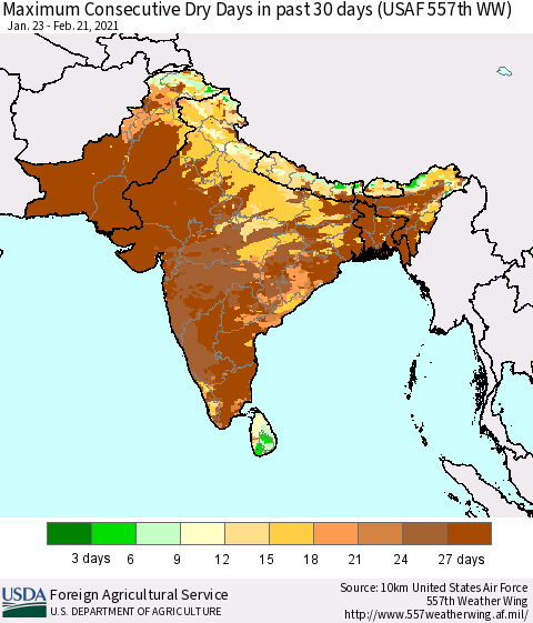 Southern Asia Maximum Consecutive Dry Days in past 30 days (USAF 557th WW) 02/21/2021 Thematic Map For 2/15/2021 - 2/21/2021