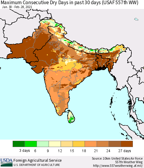 Southern Asia Maximum Consecutive Dry Days in past 30 days (USAF 557th WW) 02/28/2021 Thematic Map For 2/22/2021 - 2/28/2021