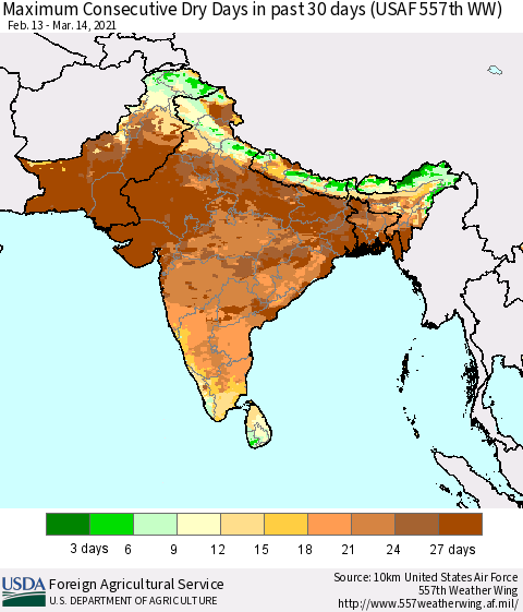 Southern Asia Maximum Consecutive Dry Days in past 30 days (USAF 557th WW) 03/14/2021 Thematic Map For 3/8/2021 - 3/14/2021