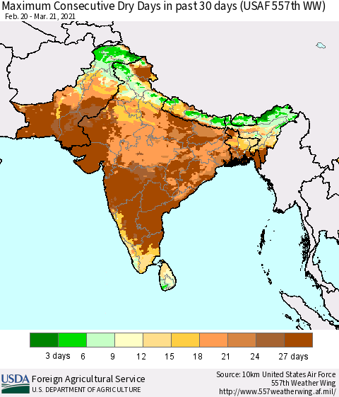 Southern Asia Maximum Consecutive Dry Days in past 30 days (USAF 557th WW) 03/21/2021 Thematic Map For 3/15/2021 - 3/21/2021