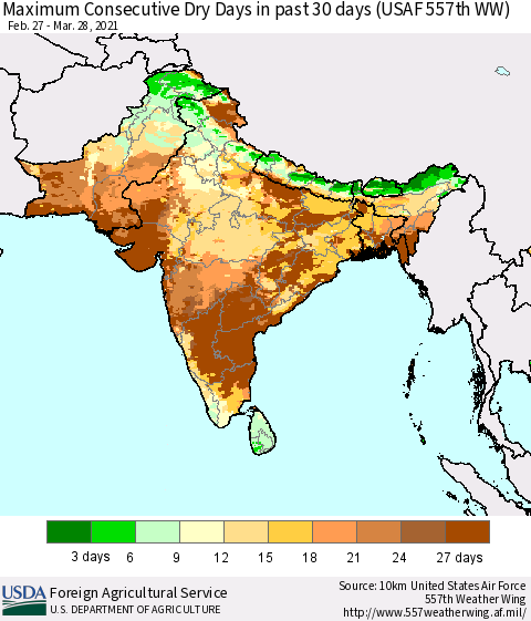 Southern Asia Maximum Consecutive Dry Days in past 30 days (USAF 557th WW) 03/28/2021 Thematic Map For 3/22/2021 - 3/28/2021