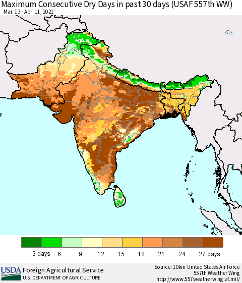Southern Asia Maximum Consecutive Dry Days in past 30 days (USAF 557th WW) 04/11/2021 Thematic Map For 4/5/2021 - 4/11/2021