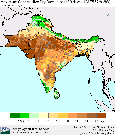 Southern Asia Maximum Consecutive Dry Days in past 30 days (USAF 557th WW) 04/18/2021 Thematic Map For 4/12/2021 - 4/18/2021