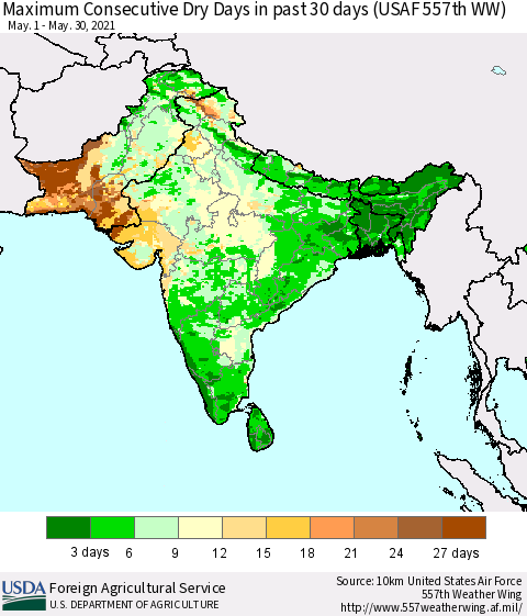 Southern Asia Maximum Consecutive Dry Days in past 30 days (USAF 557th WW) 05/30/2021 Thematic Map For 5/24/2021 - 5/30/2021
