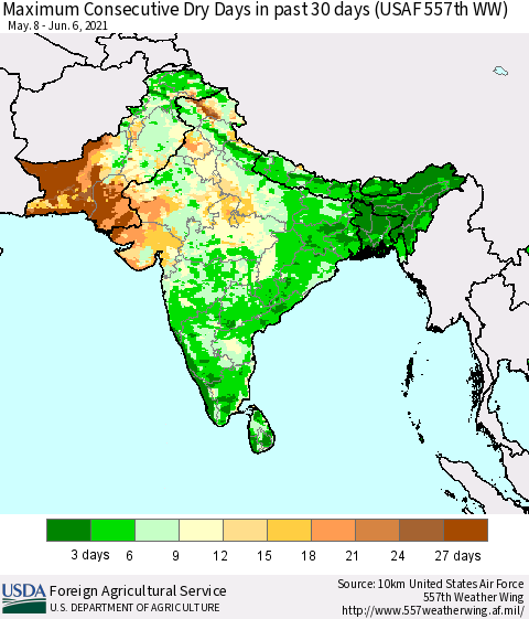 Southern Asia Maximum Consecutive Dry Days in past 30 days (USAF 557th WW) 06/06/2021 Thematic Map For 5/31/2021 - 6/6/2021