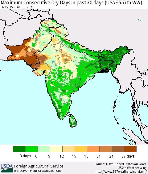 Southern Asia Maximum Consecutive Dry Days in past 30 days (USAF 557th WW) 06/13/2021 Thematic Map For 6/7/2021 - 6/13/2021