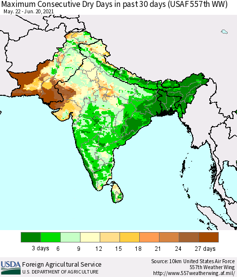 Southern Asia Maximum Consecutive Dry Days in past 30 days (USAF 557th WW) 06/20/2021 Thematic Map For 6/14/2021 - 6/20/2021