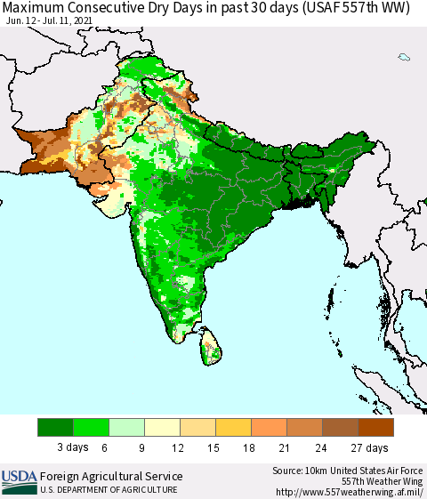 Southern Asia Maximum Consecutive Dry Days in past 30 days (USAF 557th WW) 07/11/2021 Thematic Map For 7/5/2021 - 7/11/2021