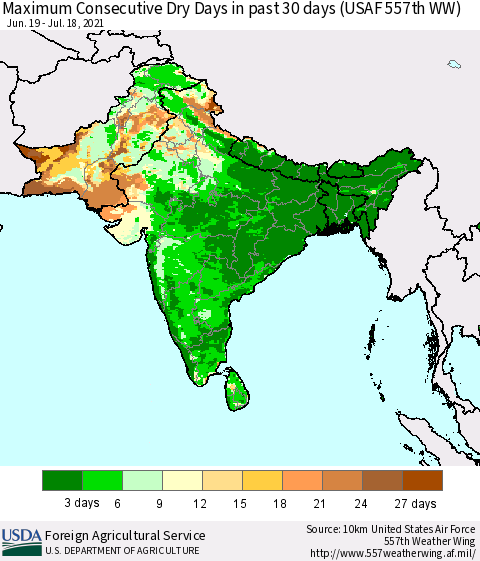 Southern Asia Maximum Consecutive Dry Days in past 30 days (USAF 557th WW) 07/18/2021 Thematic Map For 7/12/2021 - 7/18/2021
