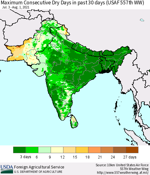 Southern Asia Maximum Consecutive Dry Days in past 30 days (USAF 557th WW) 08/01/2021 Thematic Map For 7/26/2021 - 8/1/2021