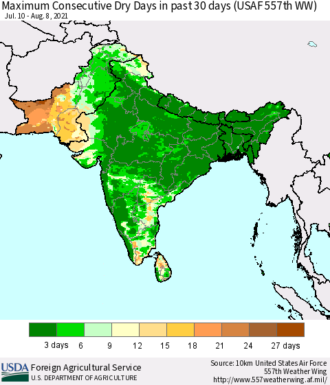 Southern Asia Maximum Consecutive Dry Days in past 30 days (USAF 557th WW) 08/08/2021 Thematic Map For 8/2/2021 - 8/8/2021