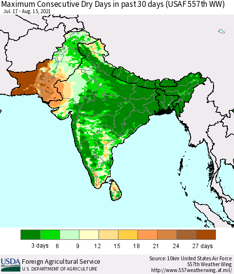 Southern Asia Maximum Consecutive Dry Days in past 30 days (USAF 557th WW) 08/15/2021 Thematic Map For 8/9/2021 - 8/15/2021