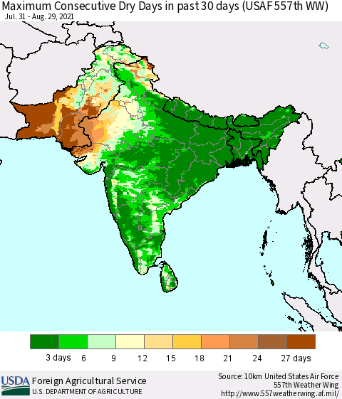 Southern Asia Maximum Consecutive Dry Days in past 30 days (USAF 557th WW) 08/29/2021 Thematic Map For 8/23/2021 - 8/29/2021