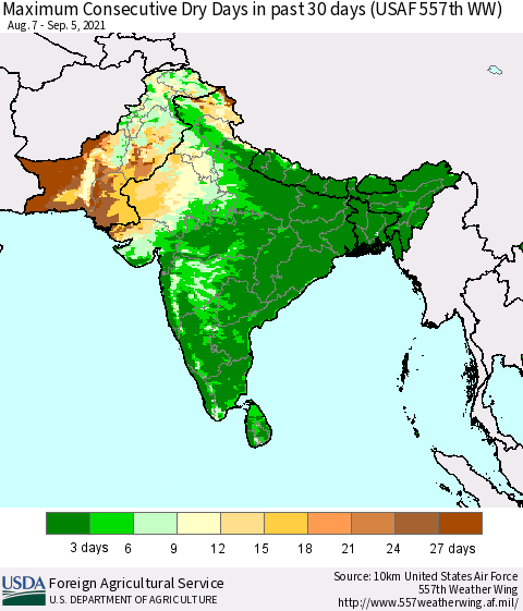 Southern Asia Maximum Consecutive Dry Days in past 30 days (USAF 557th WW) 09/05/2021 Thematic Map For 8/30/2021 - 9/5/2021