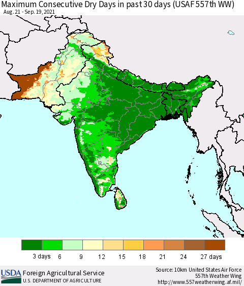 Southern Asia Maximum Consecutive Dry Days in past 30 days (USAF 557th WW) 09/19/2021 Thematic Map For 9/13/2021 - 9/19/2021