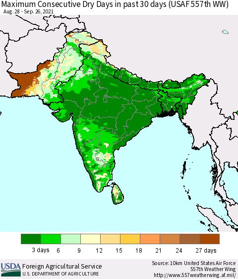 Southern Asia Maximum Consecutive Dry Days in past 30 days (USAF 557th WW) 09/26/2021 Thematic Map For 9/20/2021 - 9/26/2021