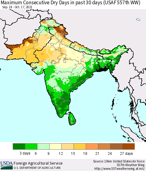 Southern Asia Maximum Consecutive Dry Days in past 30 days (USAF 557th WW) 10/17/2021 Thematic Map For 10/11/2021 - 10/17/2021