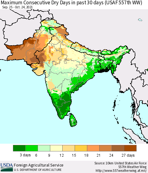 Southern Asia Maximum Consecutive Dry Days in past 30 days (USAF 557th WW) 10/24/2021 Thematic Map For 10/18/2021 - 10/24/2021