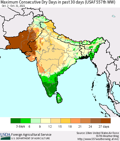 Southern Asia Maximum Consecutive Dry Days in past 30 days (USAF 557th WW) 10/31/2021 Thematic Map For 10/25/2021 - 10/31/2021