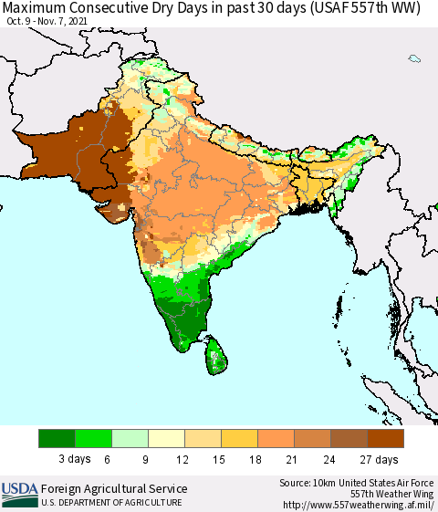 Southern Asia Maximum Consecutive Dry Days in past 30 days (USAF 557th WW) 11/07/2021 Thematic Map For 11/1/2021 - 11/7/2021