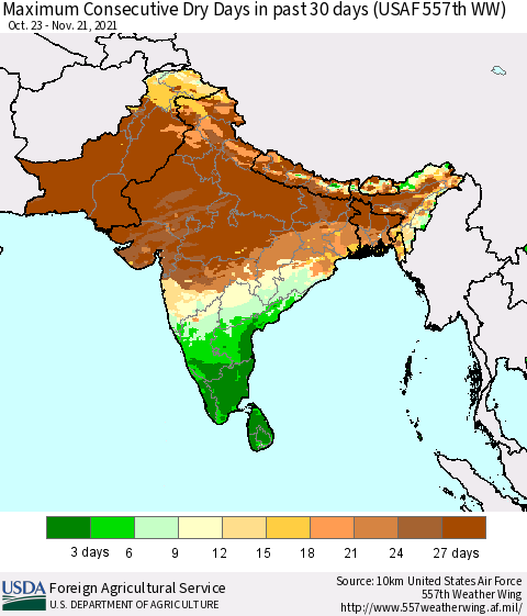 Southern Asia Maximum Consecutive Dry Days in past 30 days (USAF 557th WW) 11/21/2021 Thematic Map For 11/15/2021 - 11/21/2021