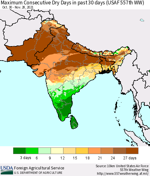 Southern Asia Maximum Consecutive Dry Days in past 30 days (USAF 557th WW) 11/28/2021 Thematic Map For 11/22/2021 - 11/28/2021