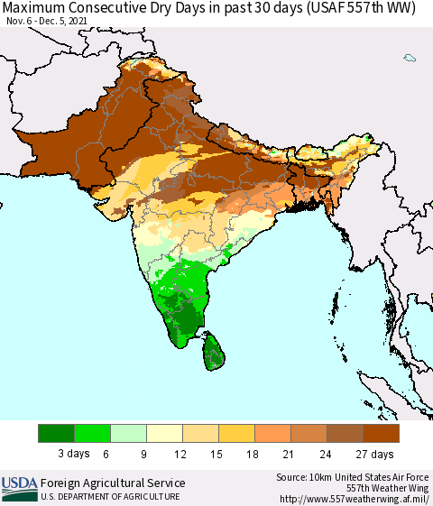 Southern Asia Maximum Consecutive Dry Days in past 30 days (USAF 557th WW) 12/05/2021 Thematic Map For 11/29/2021 - 12/5/2021