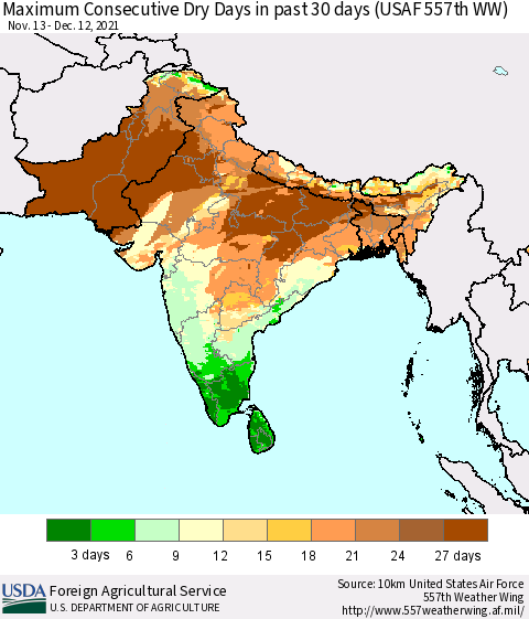 Southern Asia Maximum Consecutive Dry Days in past 30 days (USAF 557th WW) 12/12/2021 Thematic Map For 12/6/2021 - 12/12/2021