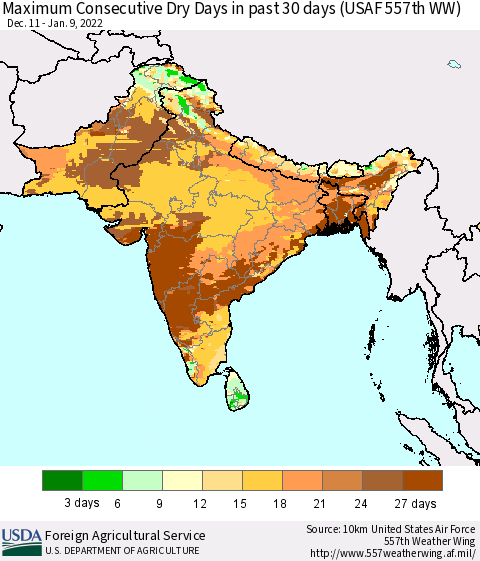 Southern Asia Maximum Consecutive Dry Days in past 30 days (USAF 557th WW) 01/09/2022 Thematic Map For 1/3/2022 - 1/9/2022
