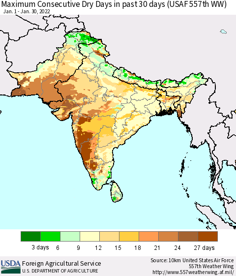 Southern Asia Maximum Consecutive Dry Days in past 30 days (USAF 557th WW) 01/30/2022 Thematic Map For 1/24/2022 - 1/30/2022