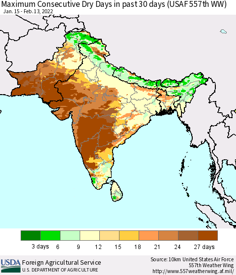 Southern Asia Maximum Consecutive Dry Days in past 30 days (USAF 557th WW) 02/13/2022 Thematic Map For 2/7/2022 - 2/13/2022