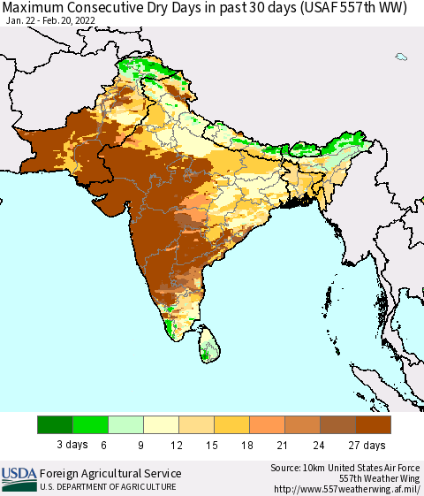 Southern Asia Maximum Consecutive Dry Days in past 30 days (USAF 557th WW) 02/20/2022 Thematic Map For 2/14/2022 - 2/20/2022
