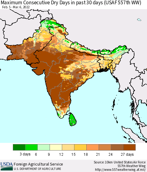 Southern Asia Maximum Consecutive Dry Days in past 30 days (USAF 557th WW) 03/06/2022 Thematic Map For 2/28/2022 - 3/6/2022