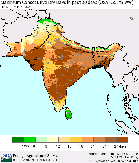 Southern Asia Maximum Consecutive Dry Days in past 30 days (USAF 557th WW) 03/20/2022 Thematic Map For 3/14/2022 - 3/20/2022