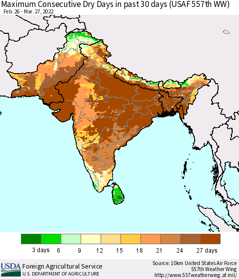 Southern Asia Maximum Consecutive Dry Days in past 30 days (USAF 557th WW) 03/27/2022 Thematic Map For 3/21/2022 - 3/27/2022