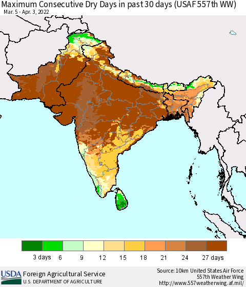 Southern Asia Maximum Consecutive Dry Days in past 30 days (USAF 557th WW) 04/03/2022 Thematic Map For 3/28/2022 - 4/3/2022