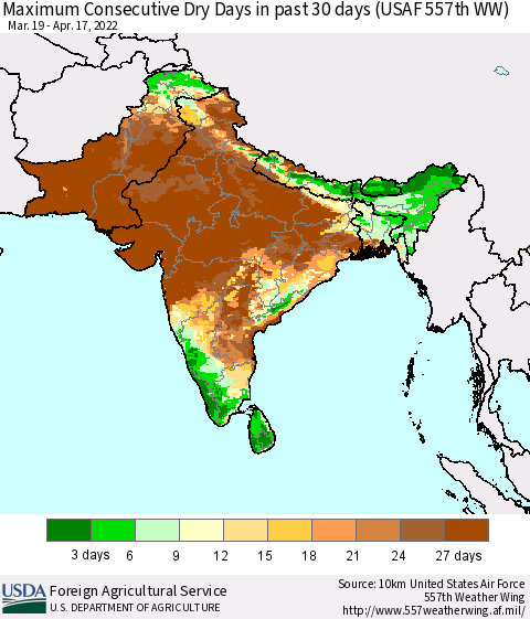 Southern Asia Maximum Consecutive Dry Days in past 30 days (USAF 557th WW) 04/17/2022 Thematic Map For 4/11/2022 - 4/17/2022
