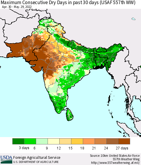 Southern Asia Maximum Consecutive Dry Days in past 30 days (USAF 557th WW) 05/29/2022 Thematic Map For 5/23/2022 - 5/29/2022