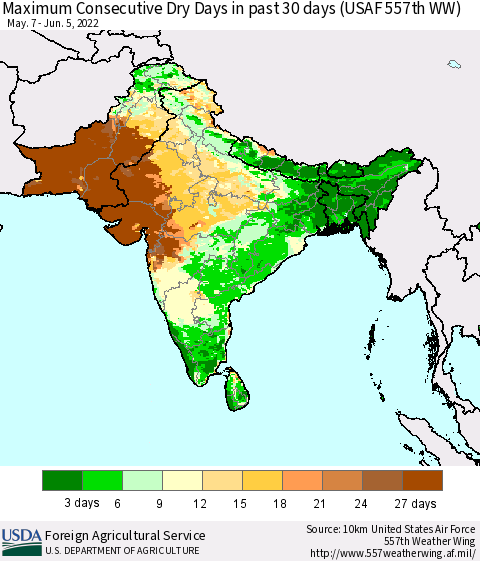 Southern Asia Maximum Consecutive Dry Days in past 30 days (USAF 557th WW) 06/05/2022 Thematic Map For 5/30/2022 - 6/5/2022