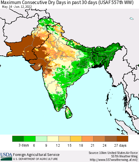 Southern Asia Maximum Consecutive Dry Days in past 30 days (USAF 557th WW) 06/12/2022 Thematic Map For 6/6/2022 - 6/12/2022