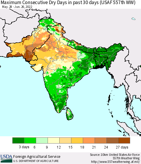 Southern Asia Maximum Consecutive Dry Days in past 30 days (USAF 557th WW) 06/26/2022 Thematic Map For 6/20/2022 - 6/26/2022