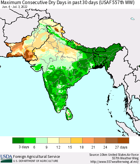 Southern Asia Maximum Consecutive Dry Days in past 30 days (USAF 557th WW) 07/03/2022 Thematic Map For 6/27/2022 - 7/3/2022