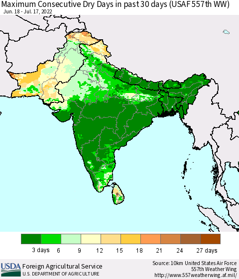 Southern Asia Maximum Consecutive Dry Days in past 30 days (USAF 557th WW) 07/17/2022 Thematic Map For 7/11/2022 - 7/17/2022