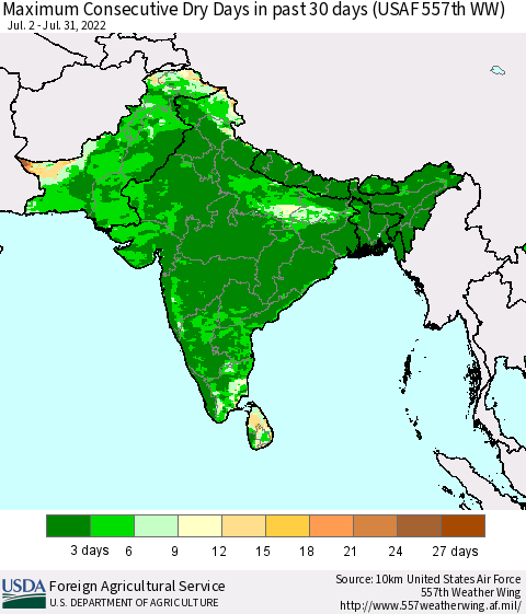 Southern Asia Maximum Consecutive Dry Days in past 30 days (USAF 557th WW) 07/31/2022 Thematic Map For 7/25/2022 - 7/31/2022