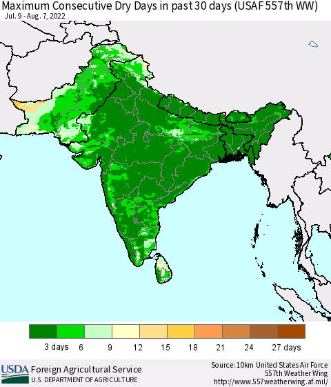 Southern Asia Maximum Consecutive Dry Days in past 30 days (USAF 557th WW) 08/07/2022 Thematic Map For 8/1/2022 - 8/7/2022