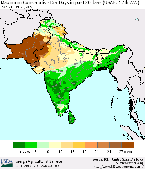 Southern Asia Maximum Consecutive Dry Days in past 30 days (USAF 557th WW) 10/23/2022 Thematic Map For 10/17/2022 - 10/23/2022